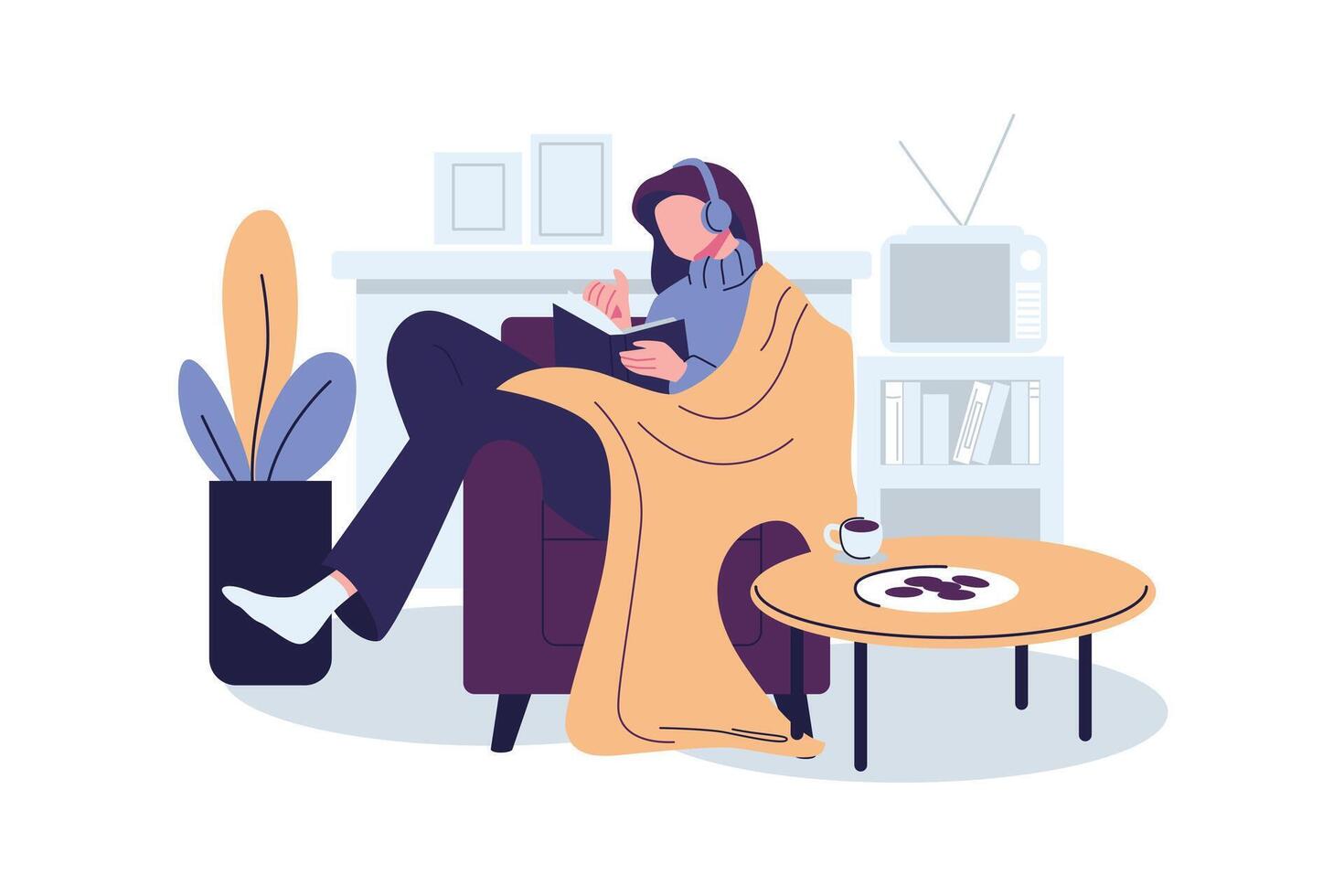 mulheres lendo livro dentro inverno às casa plano estilo ilustração Projeto vetor