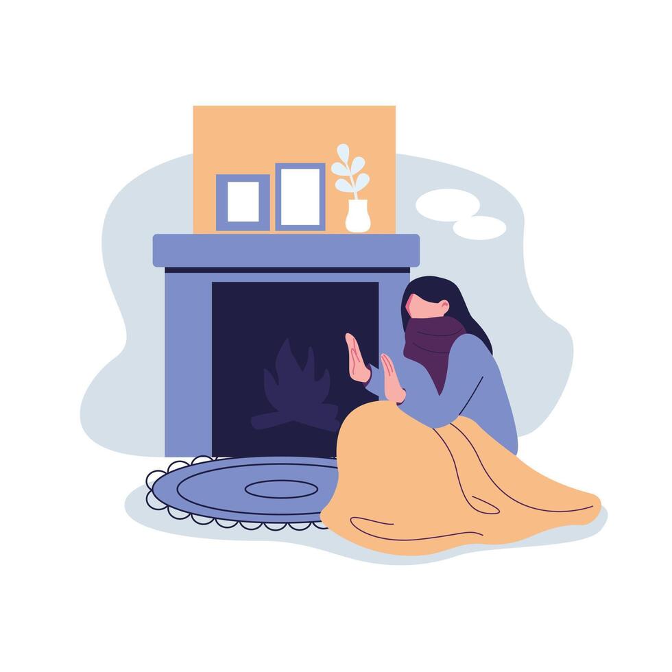 mulher aquecimento ela mesma dentro frente do a lareira plano ilustração vetor