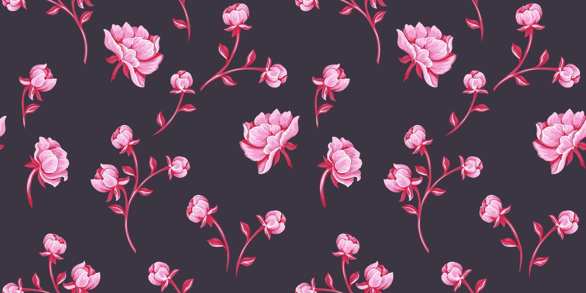 desatado padronizar com fofa botões de rosa, rosas, botões. mão desenhado abstrato servindo flores rosa, vermelho rosa em a Preto fundo. colagem modelo para desenhos, impressão, tecido vetor