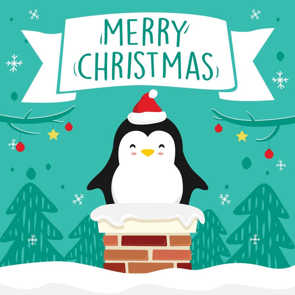 pinguim desenho animado chaminé feliz natal fita banner natal vetor verde