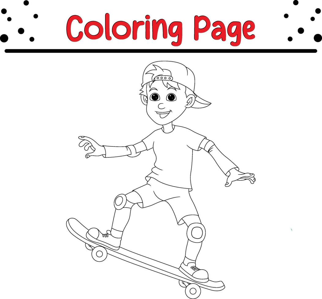 pequeno Garoto jogando skate coloração livro página para crianças. vetor