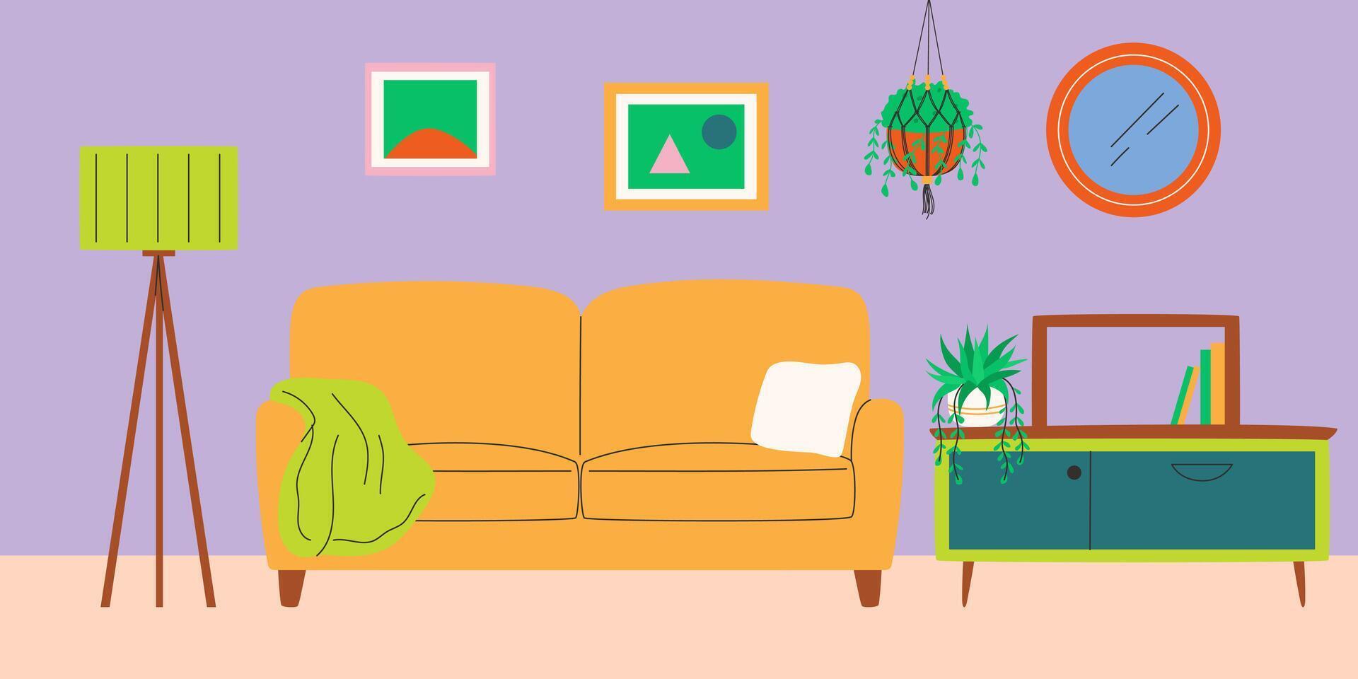 vivo quarto interior Projeto com mobília e macramé plantar. ilustração. vetor