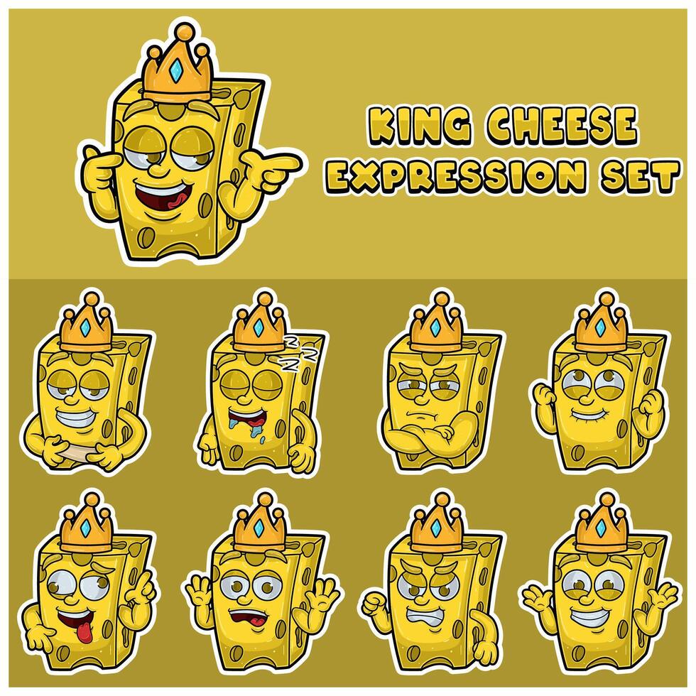 desenho animado mascote do queijo personagem com rei e expressão definir. vetor