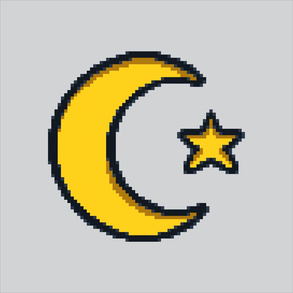 pixel arte ilustração crescente lua. pixelizada lua estrelas. crescente lua e estrelas fruta pixelizada para a pixel arte jogos e ícone para local na rede Internet e jogo. vetor