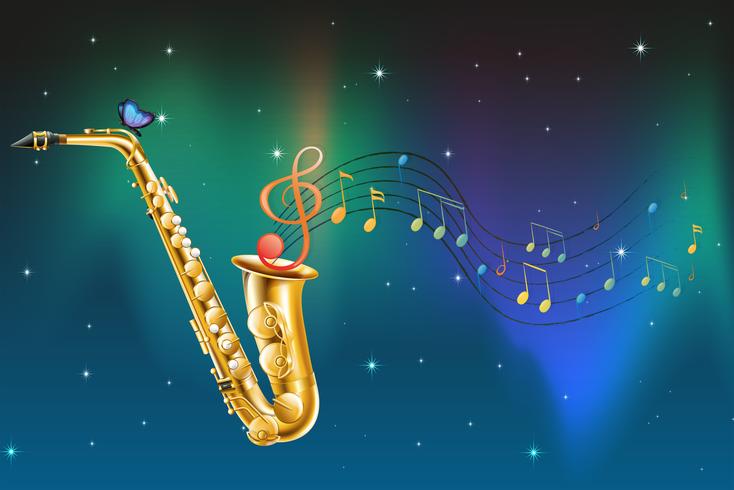 Um saxofone com uma borboleta e notas musicais vetor