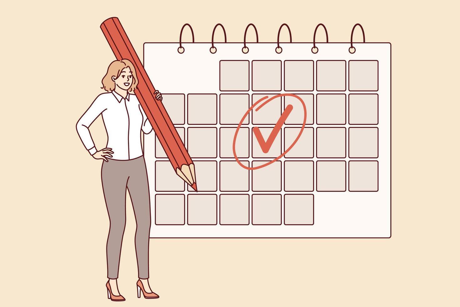 mulher é acionado dentro o negócio planejamento e usa calendário para manter agendar, em pé com ampla lápis vetor