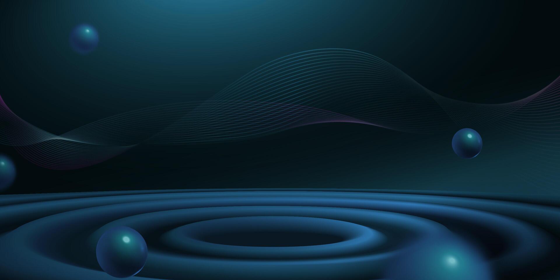 abstrato papel de parede do 3d esferas queda em uma alto falante gostar superfície com ondulado curvas dentro a costas em Sombrio azul fundo vetor