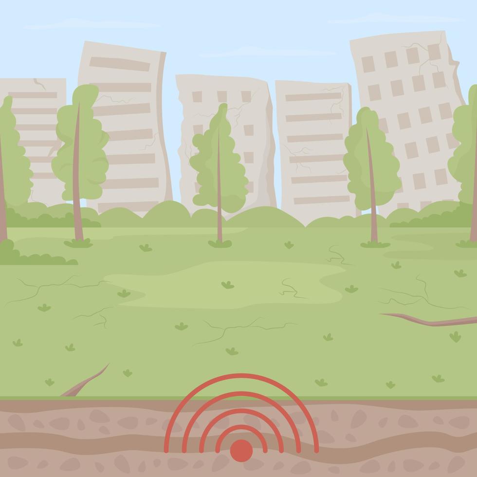 atividade de terremoto em ilustração em vetor cor plana parque urbano. situação catastrófica. evento com dano potencial. chão tremendo paisagem urbana 2D de desenho animado com edifícios residenciais no fundo