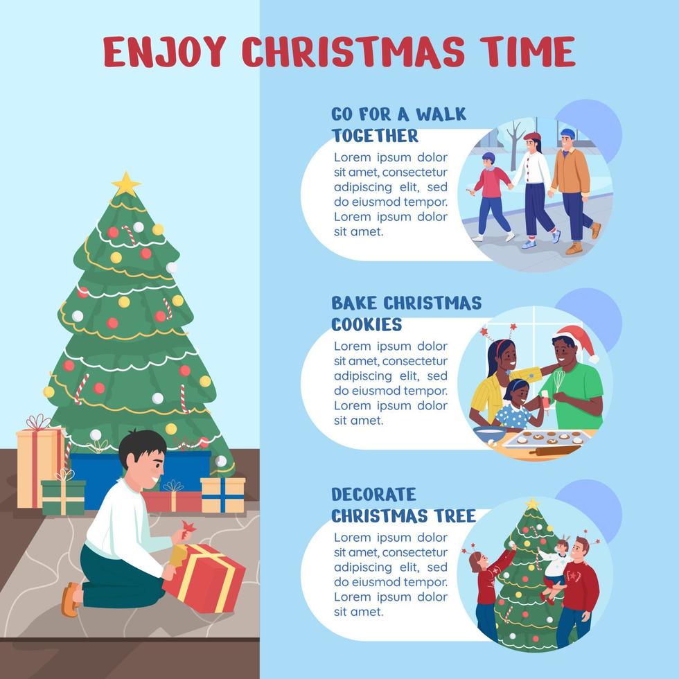 Aproveite o modelo de infográfico de vetor de cor plana de época de Natal. feriados festivos de inverno. cartaz com texto, design de conceito de página de ppt com personagens de desenhos animados. visualização criativa de dados. ideia de banner de informação