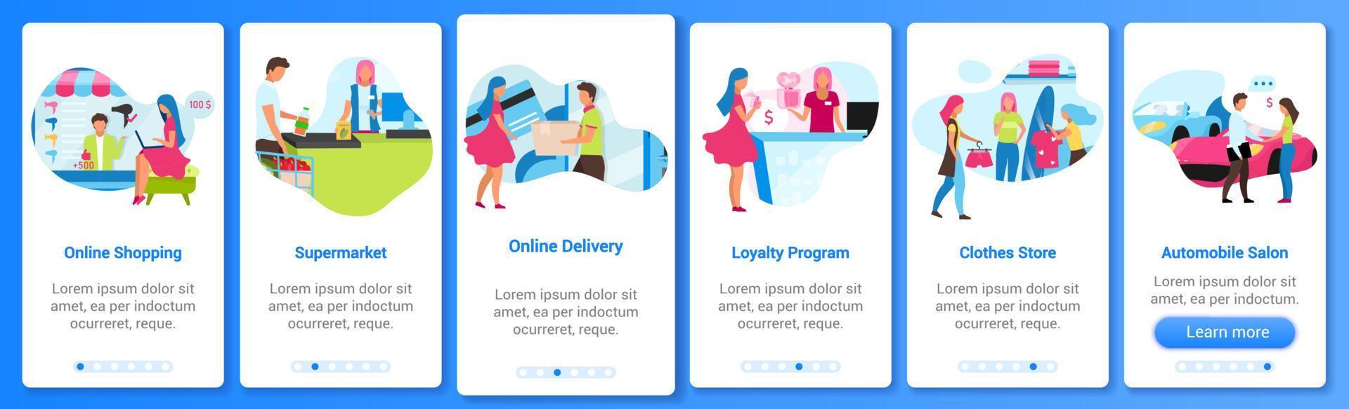 cliente e vendedor modelo de vetor de tela de aplicativo móvel onboarding. compras online e em lojas. passo a passo do site com caracteres planos. conceito de interface de desenho animado de smartphone ux, ui, gui