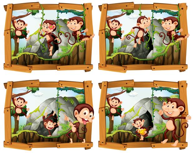 Quatro quadros de macacos pela caverna vetor