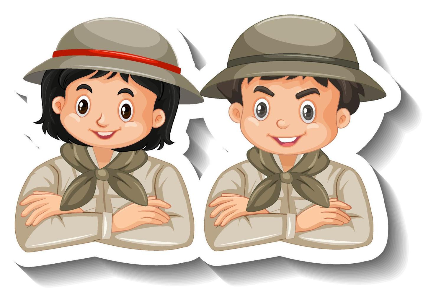 Adesivo de casal de filhos usando roupa de safari de personagem de desenho animado vetor