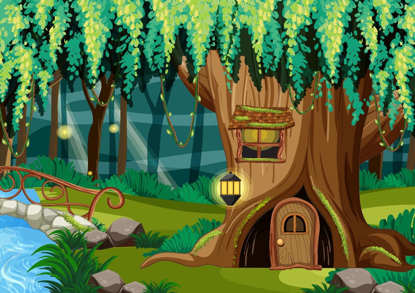 cena de fantasia de floresta com casa na árvore vazia vetor