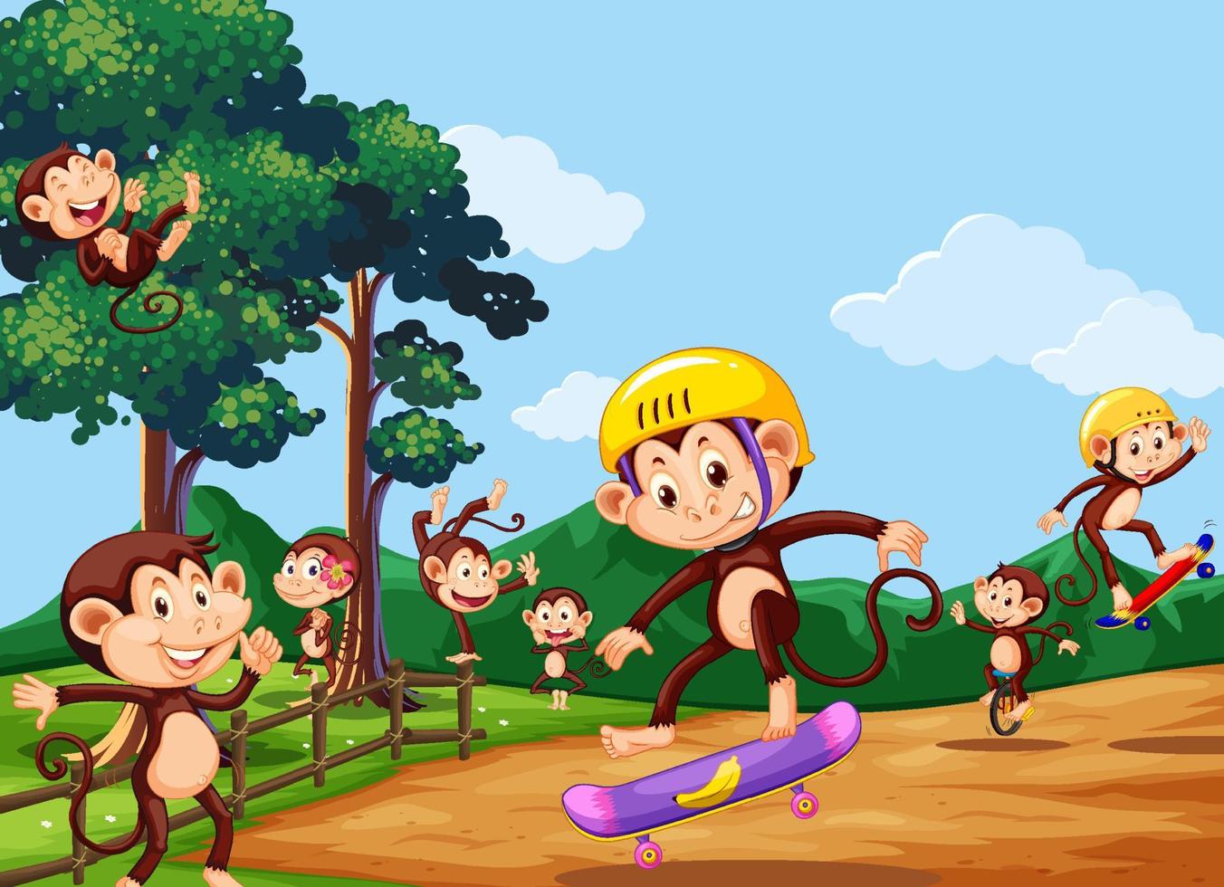cena do parque com macacos brincando de skate vetor