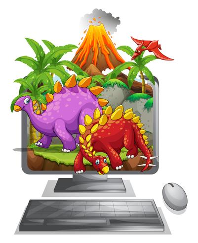 Tela computador, com, dinossauros, e, vulcão vetor