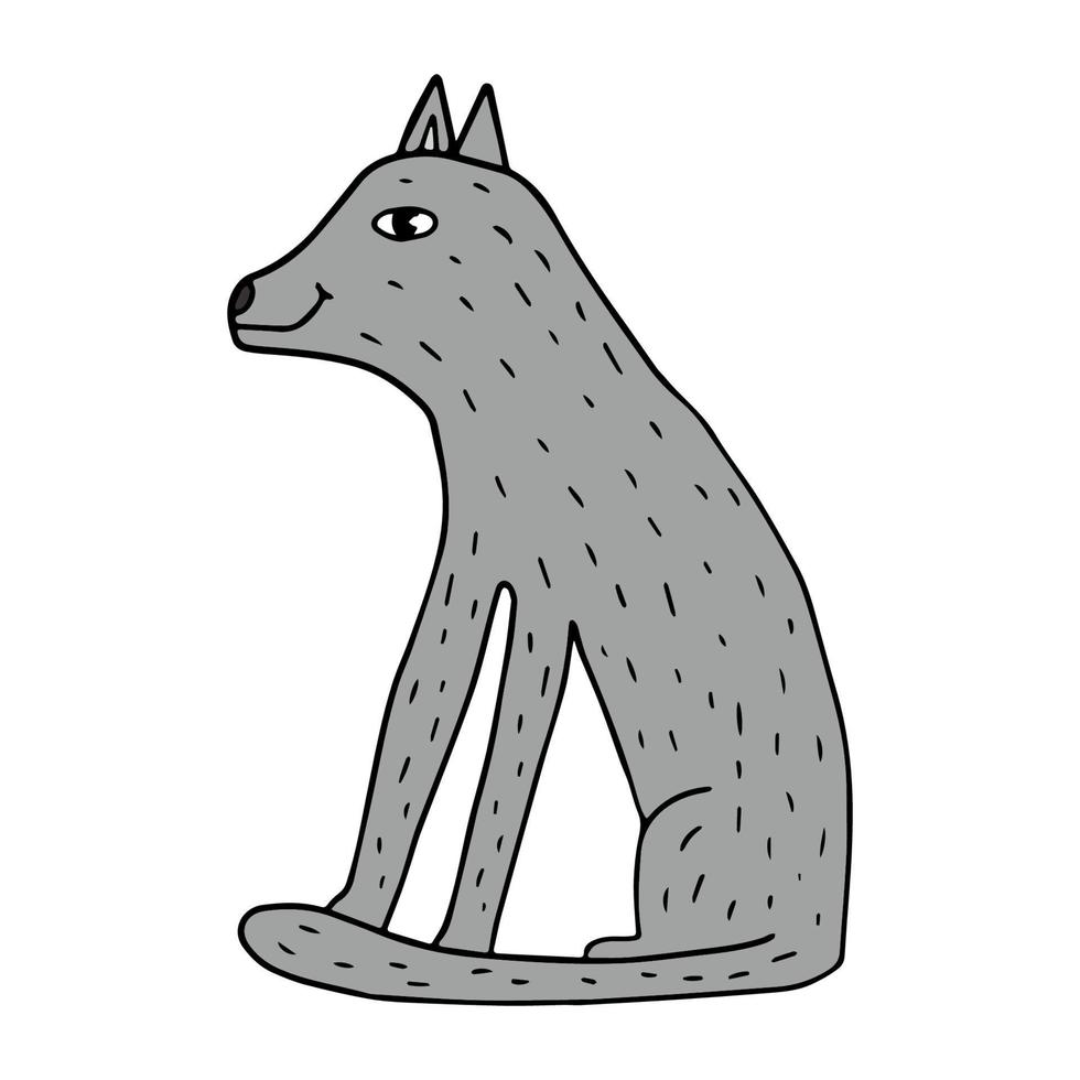 cartoon doodle lobo linear sentado isolado no fundo branco. bonito animal selvagem. vetor