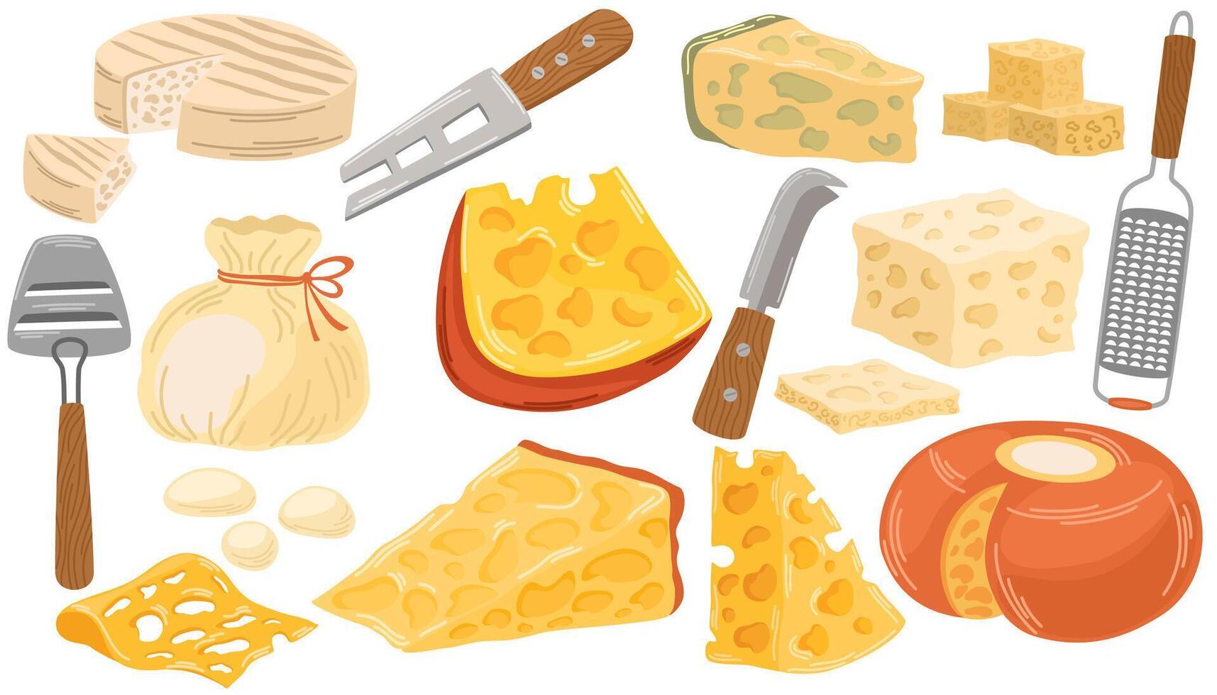 queijo definir. laticínios produtos, diferente queijo sortimento. plano ilustração isolado em branco fundo vetor