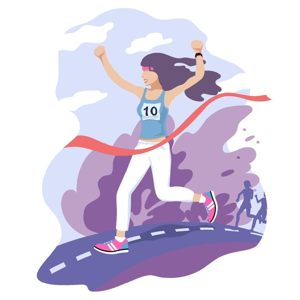 garota com cabelo comprido corre e vence a maratona. ilustração de praticar esportes na natureza e um estilo de vida saudável. vetor