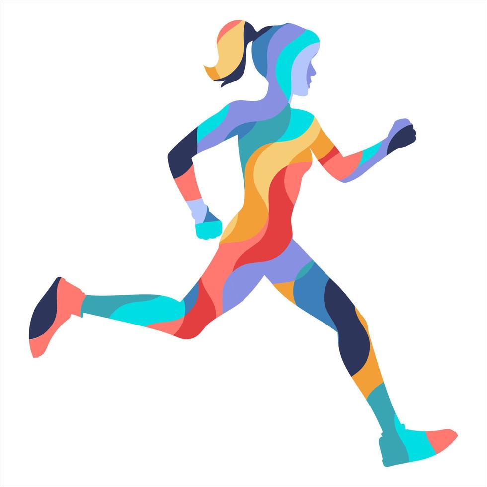silhueta de uma garota correndo de um mosaico. corrida, maratona, esporte e ilustração de estilo de vida saudável. vetor