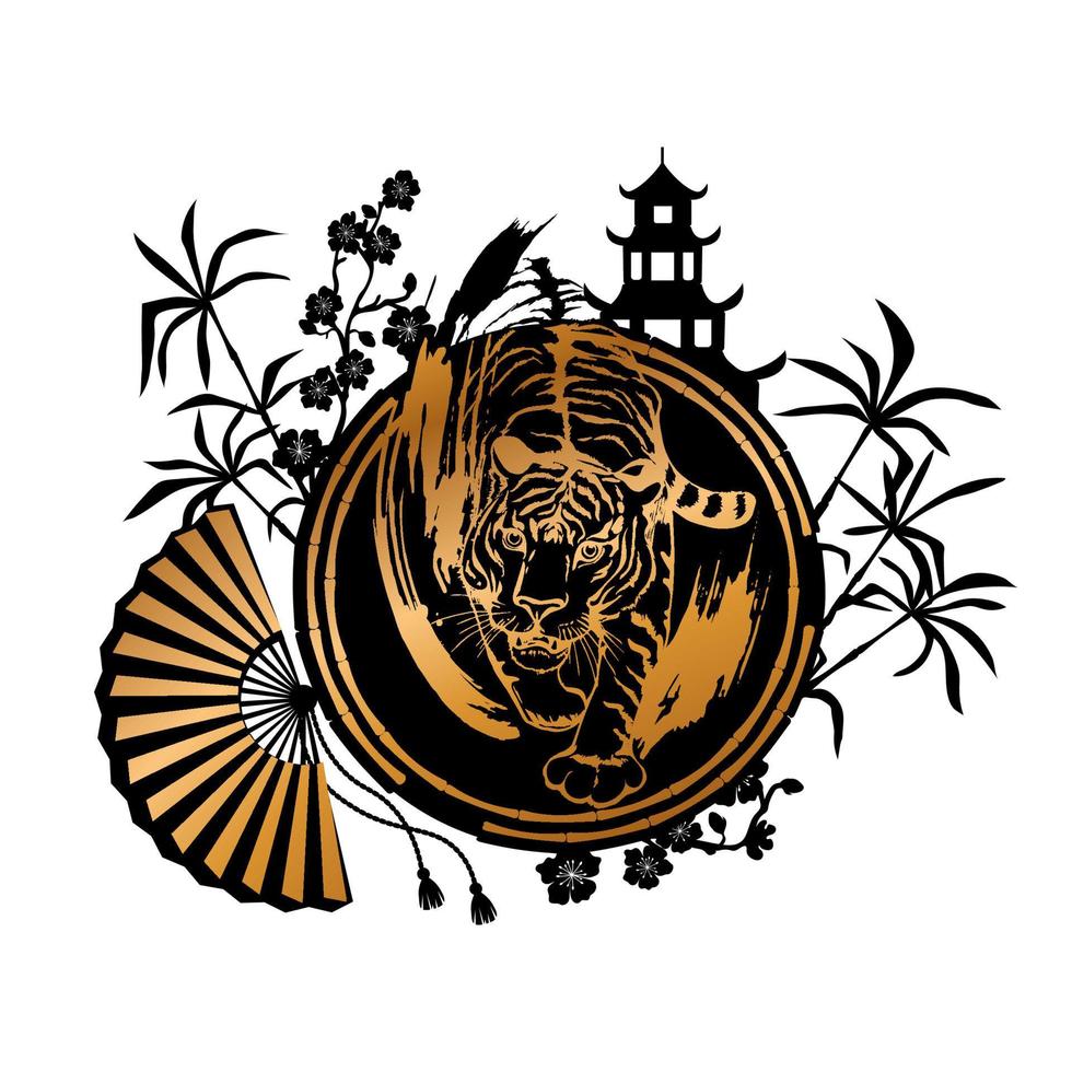 tigre dourado no contexto de um pagode chinês, bambu, sakura e um leque. feliz Ano Novo Chinês. o símbolo do ano do tigre. vetor
