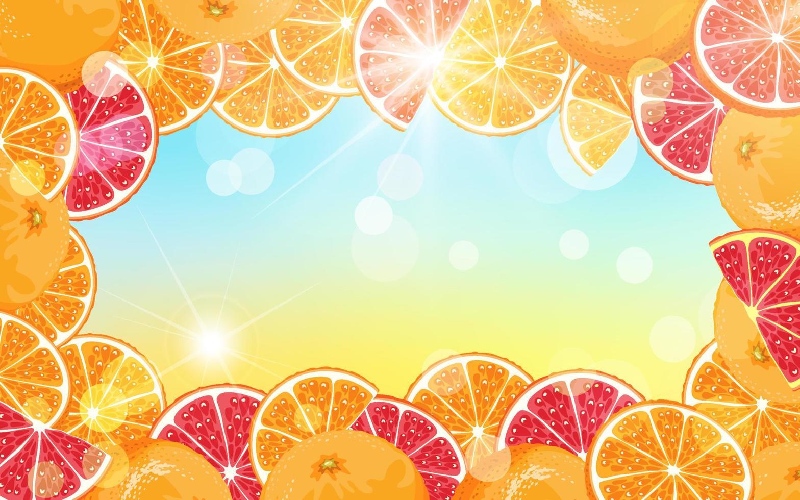 fundo de verão de frutas com raios de sol, efeito bokeh e laranjas. ilustração de fatias de laranja e laranja. vetor