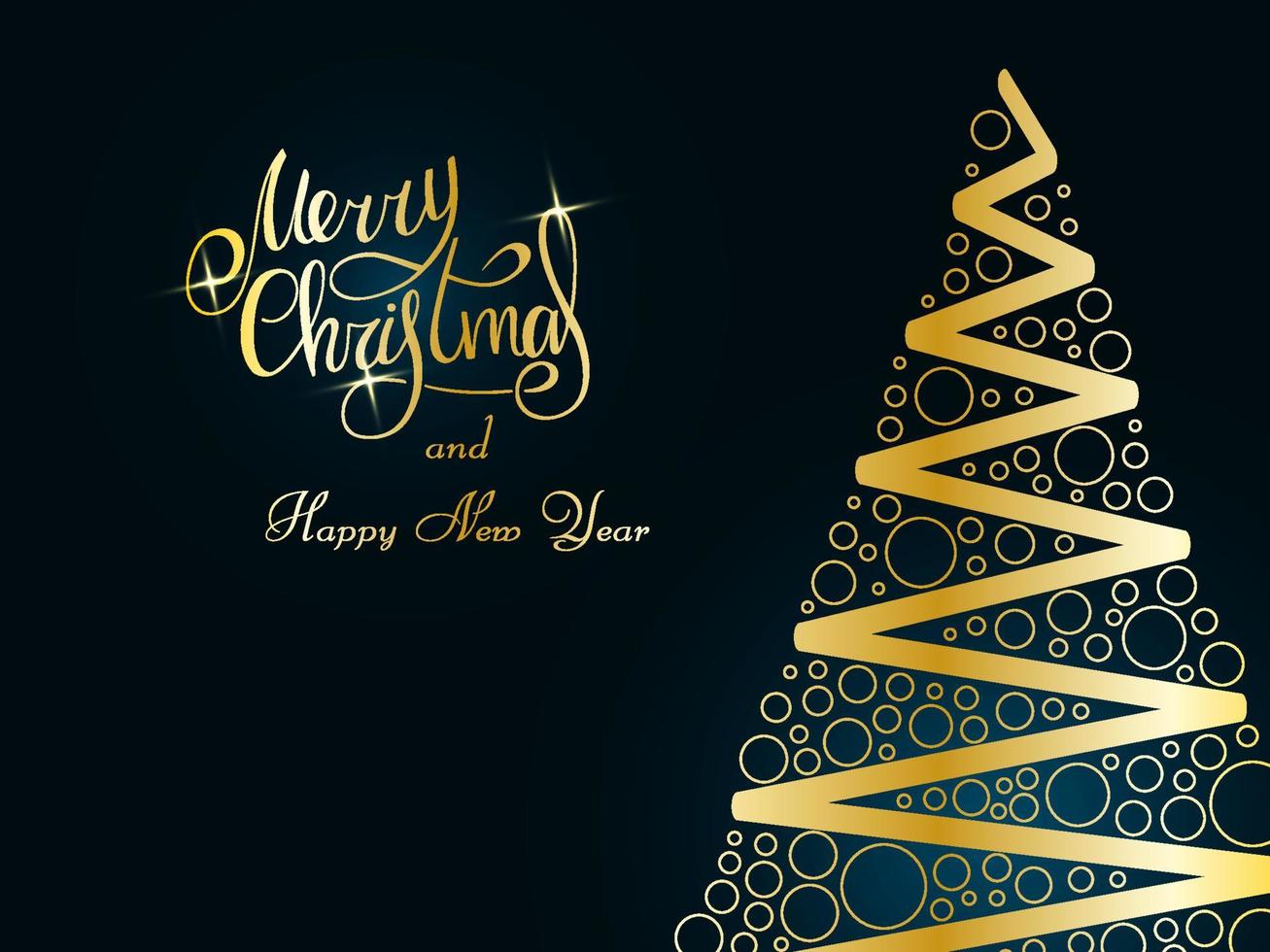 letras de ouro manuscritas sobre um fundo azul escuro. árvore de Natal dourada mágica feita de fita e círculos. Feliz Natal e Feliz Ano Novo de 2022. vetor