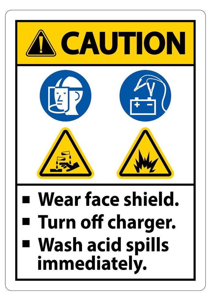 sinal de alerta, use protetor facial, desligue o carregador, lave derramamentos de ácido imediatamente vetor