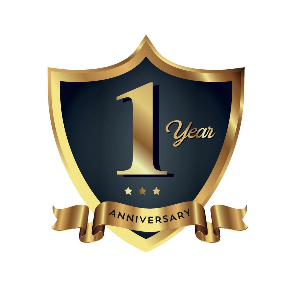 1º aniversário comemorando plano de negócios de empresa de texto com números. modelo de evento de aniversário de celebração de vetor escudo de cor vermelho ouro escuro
