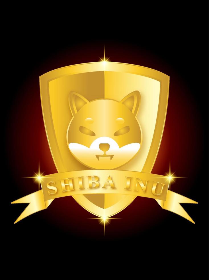 Logotipo da criptomoeda shiba inu com asas de escudo dourado e luzes das estrelas vetor