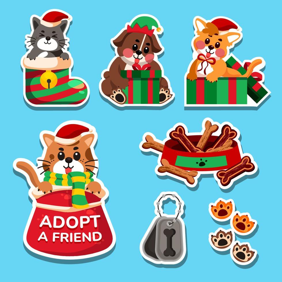 autocolante de celebração das patas do papai noel com cão e gato vetor