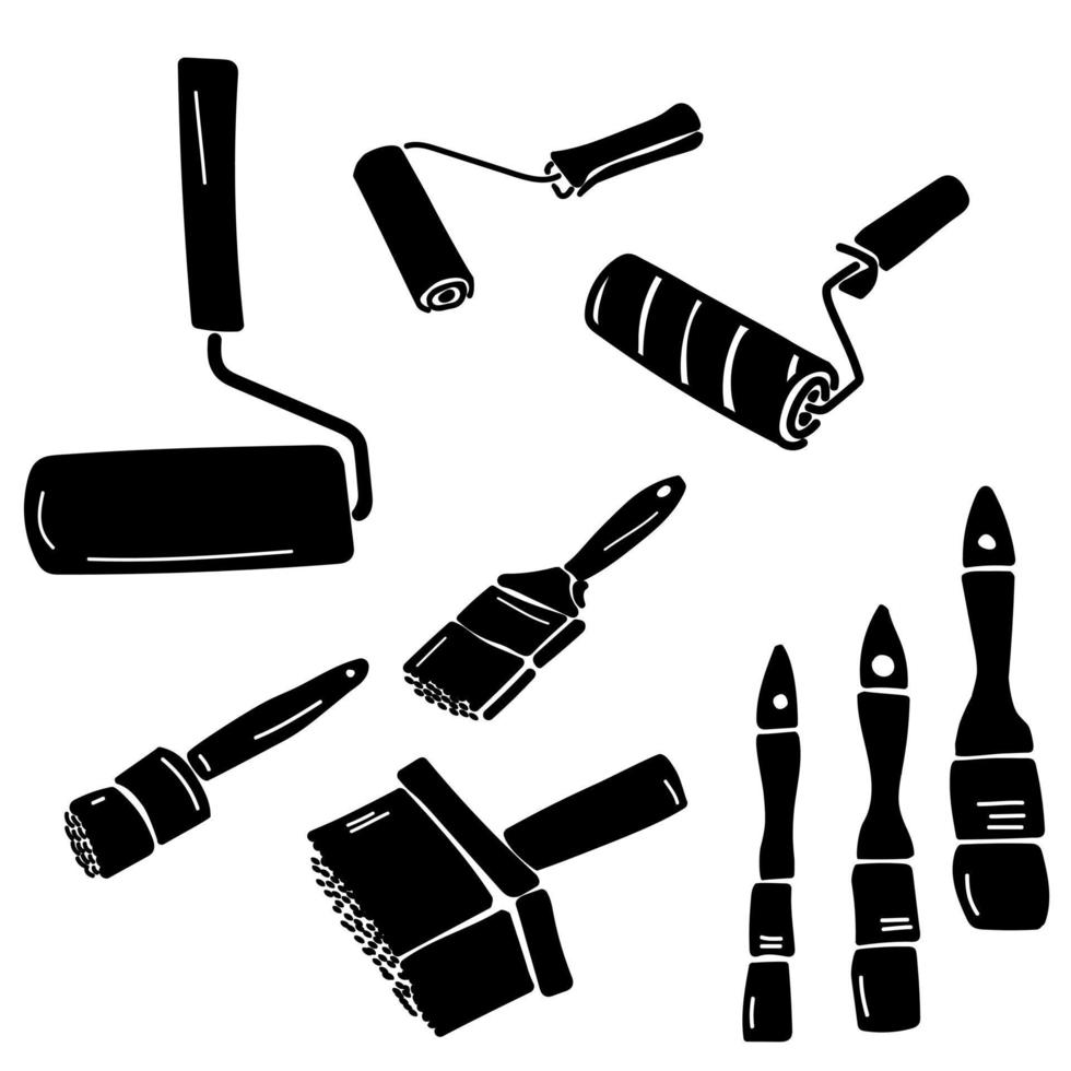 conjunto de silhuetas de pincéis e rolos de várias formas e tamanhos, ferramentas para pintura e reparo de parede vetor