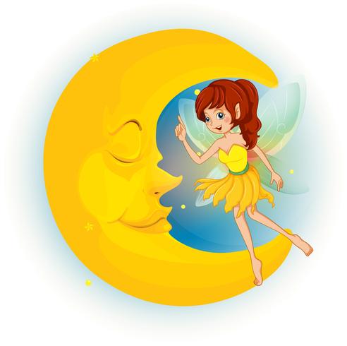 Uma fada com um vestido amarelo ao lado de uma lua adormecida vetor