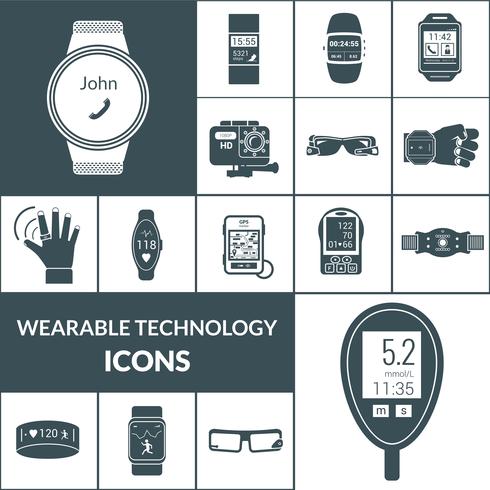 Tecnologias de wearable ícones preto vetor