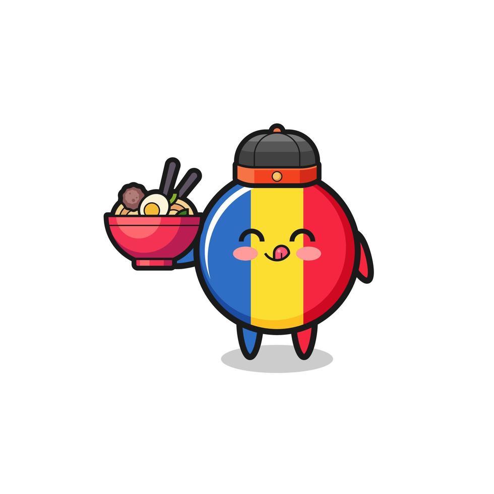 bandeira da romênia como mascote do chef chinês segurando uma tigela de macarrão vetor