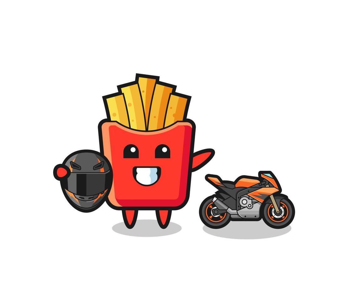 Desenho fofo de batata frita como piloto de moto vetor