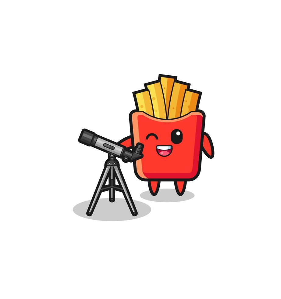 Mascote astrônomo de batatas fritas com um telescópio moderno vetor