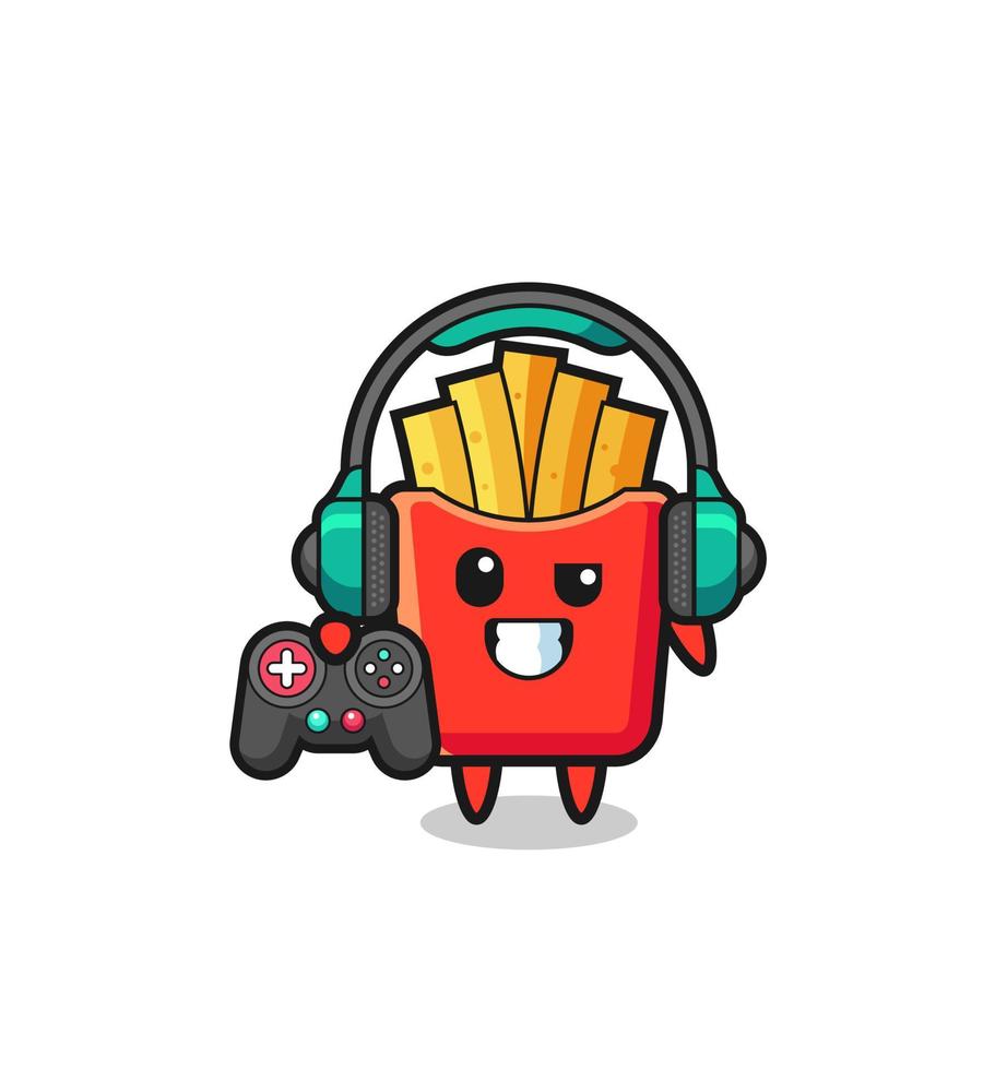 Mascote do jogador de batatas fritas segurando um controle de jogo vetor