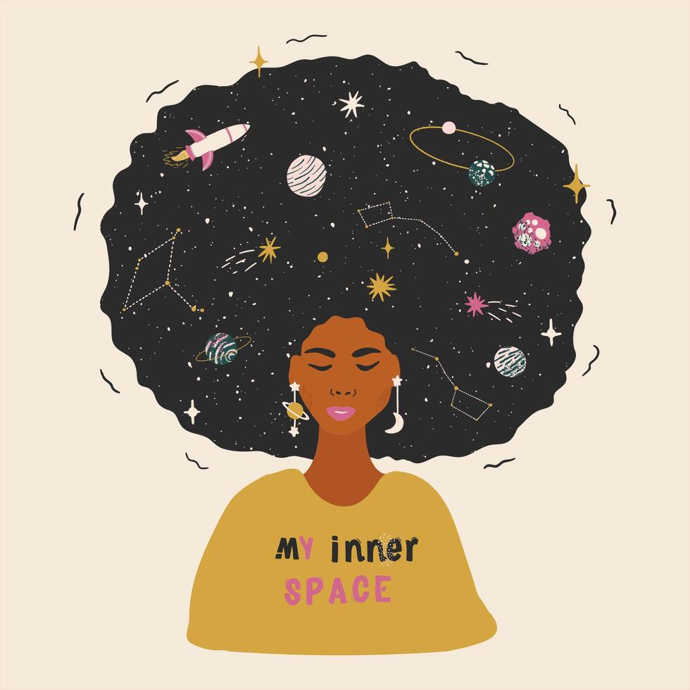 a conceito do espiritualidade e mental saúde. lindo Preto mulher com cósmico afro cabelo. espaço ilustração para impressão em uma t camisa, cartão postal, travesseiro, poster, têxtil e mais. vetor