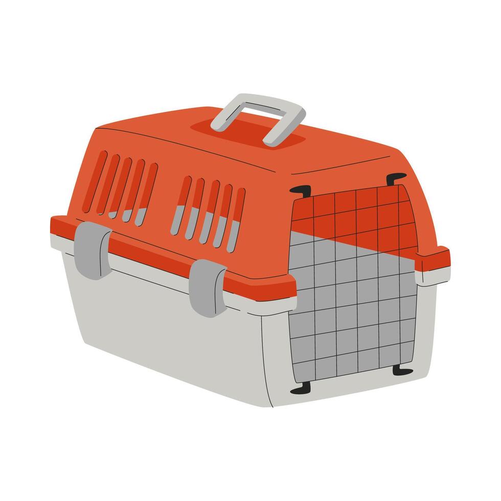 plástico transportadora caixa para gatos e cães. uma Remessa caixa para viajando com animais de estimação. uma animal Cuidado item. uma plano ilustração isolado em uma branco fundo. vetor