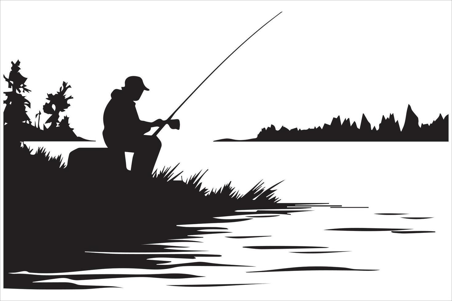 pescador dentro barco silhueta ilustração vetor