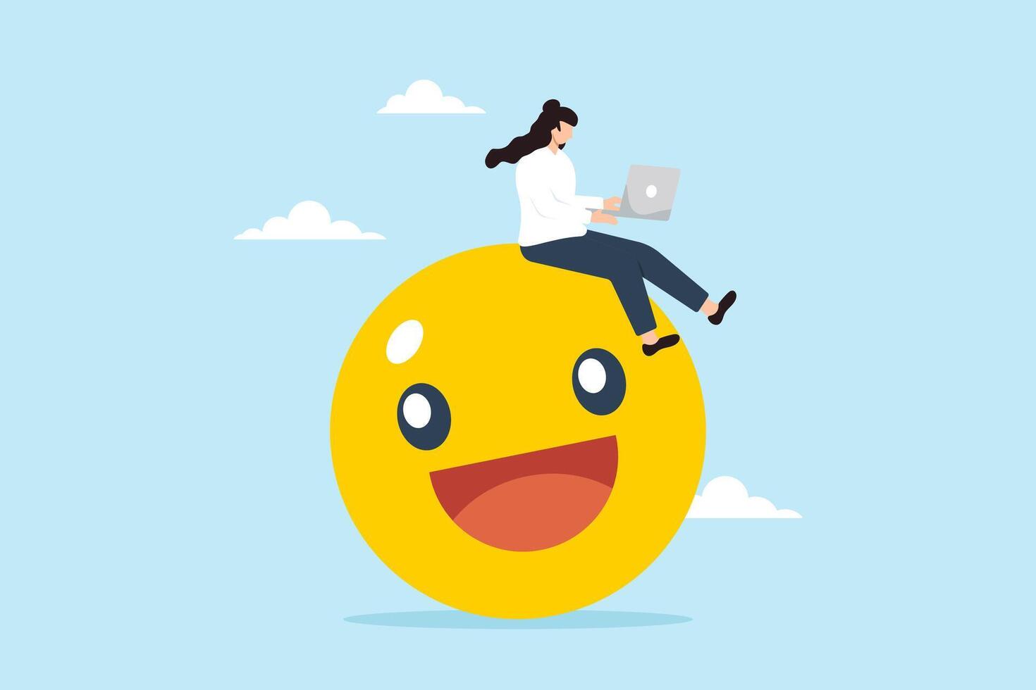 empresária trabalho em dela computador portátil enquanto sentado em sorridente face emoji. conceito do achando alegria e satisfação dentro trabalhar, paixão, prazer, positivo relação com empresa, e empregado bem estar vetor