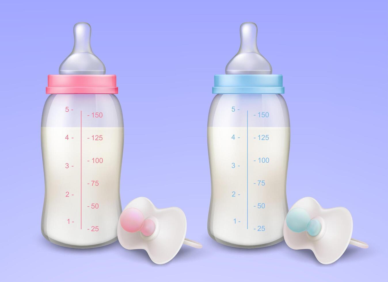 realista chupetas e bebê garrafas com silicone mamilos para alimentando recém-nascidos, isolado em azul fundo. plástico containers com Medidas, preenchidas com leite infantil Fórmula. vetor