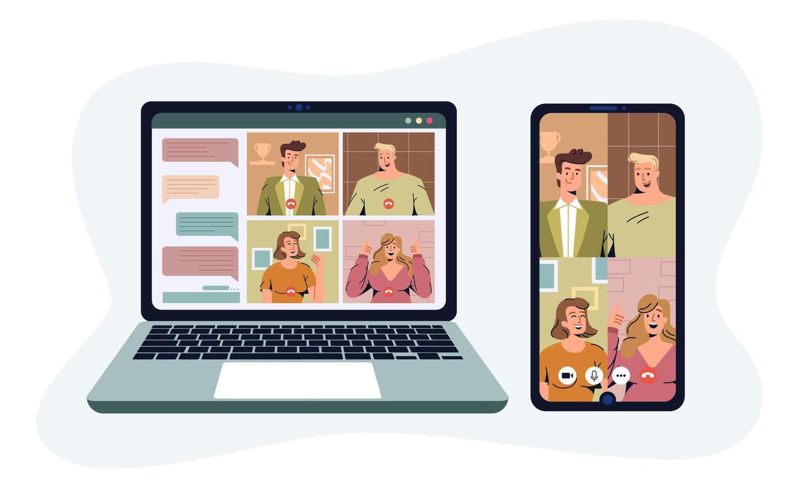 conferência plano ilustração. conectados o negócio encontro do colegas através da ligar em telefone e computador portátil tela. virtual trabalhos a partir de lar. controlo remoto trabalhando, freelancer ou teletrabalho conceito vetor