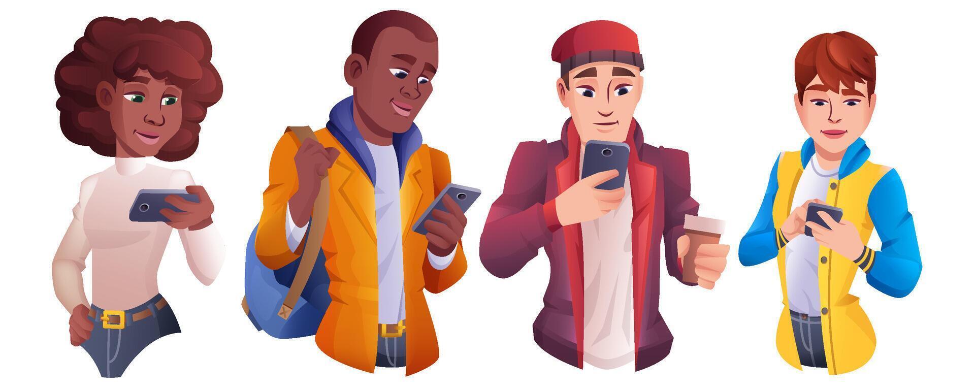 desenho animado grupo do pessoas usando Smartphone. homens e mulheres diferente nacionalidades segurando Móvel telefone e conversando, digitando mensagens. jovem personagens olhando em gadgets. conectados comunicação conceito. vetor