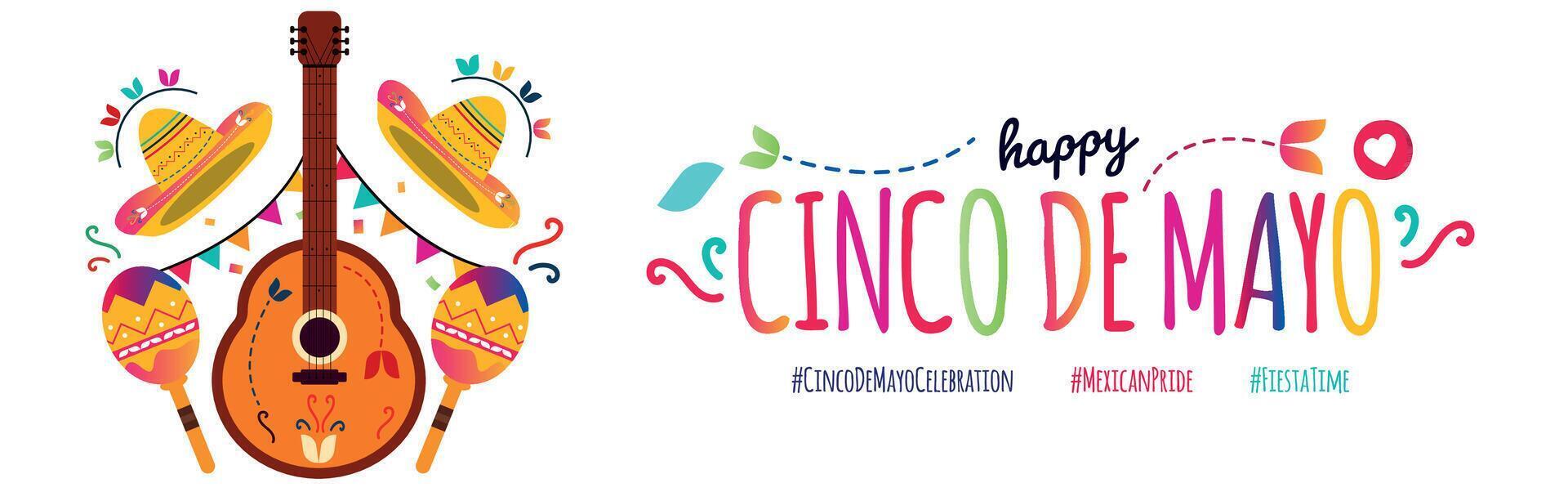 cinco de maionese. 5 ª pode feliz cinco de maionese dia, mexicano celebração cobrir bandeira com colorida texto, mexicano guitarra, maracás, chapéu em branco fundo. México festa convite cartão, bandeira, publicar. vetor