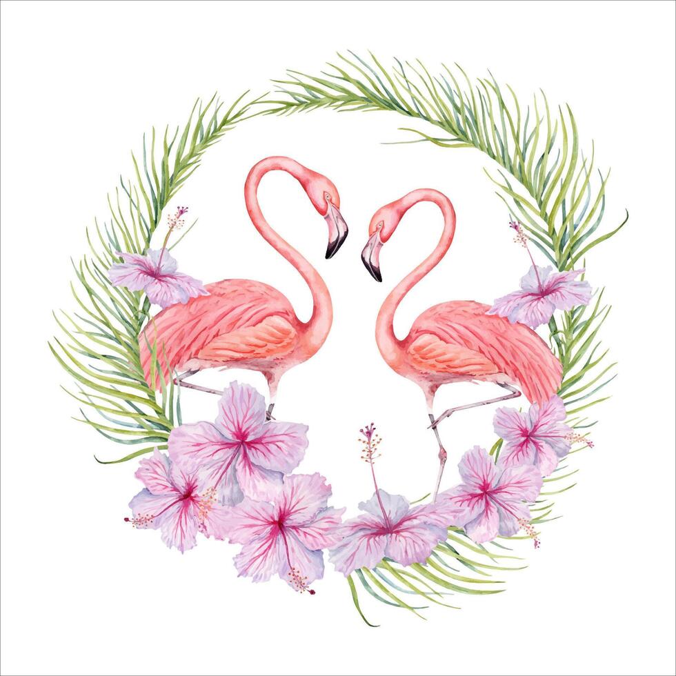 dois flamingo pássaros com hibisco flores e Palma árvore galhos aguarela composição. mão desenhado ilustração isolado em branco fundo. para tropical cartões, Casamento convites, logotipos, adesivos. vetor