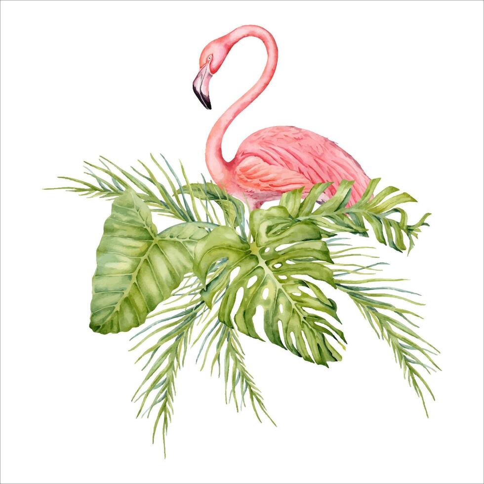 Rosa flamingo pássaro com banana e Palma árvore galhos com monstera folhas aguarela composição. mão desenhado ilustração isolado em branco fundo. para tropical cartões e de praia feriado padrões vetor