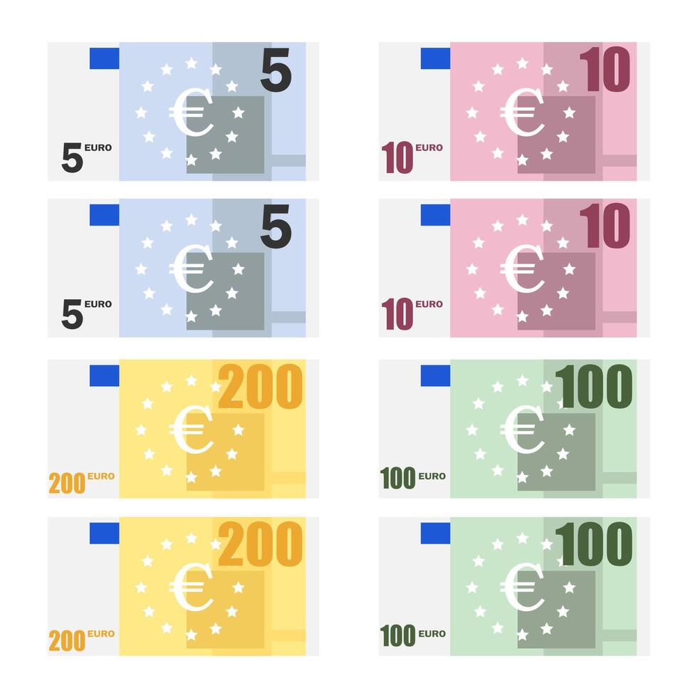 todos 5, 10, 100.200, euro notas de banco, euro notas. euro notas. simples plano estilo. gráfico vetor