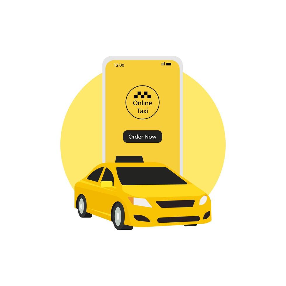 conectados conceito do Móvel Táxi serviço encomenda. isométrico Táxi amarelo Táxi e Smartphone e toque tela vetor