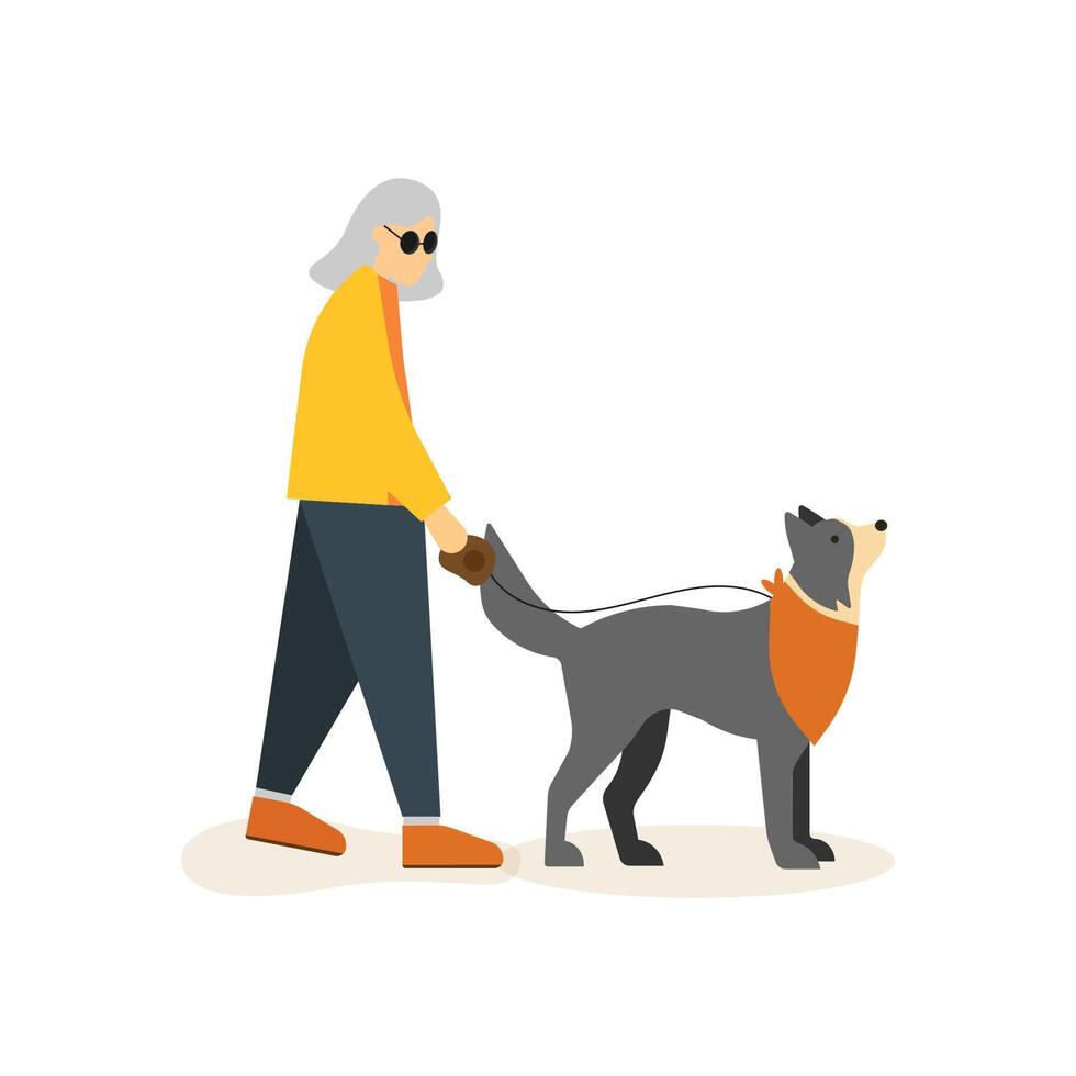 visualmente prejudicado mulher caminhando com dela guia cachorro. vetor